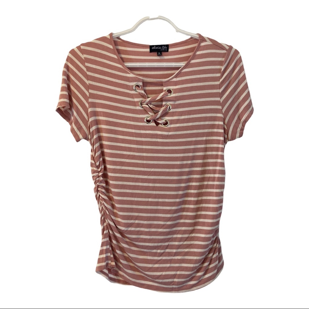 Blush & Ivory Stripe Lace-Up Ruched
Maternity Top